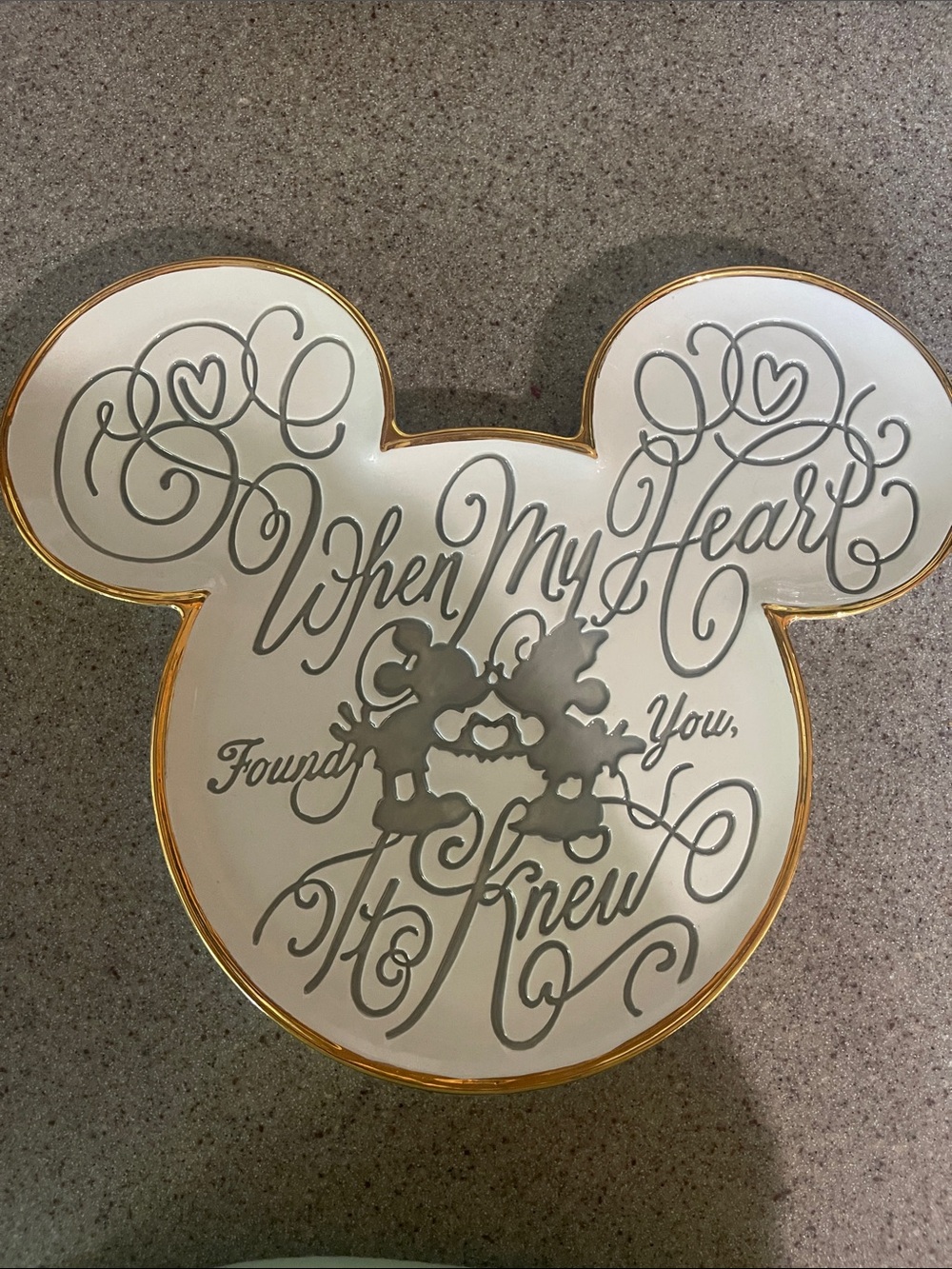 White and Gold Mickey-Shaped Wall Decor Plate - When My Heart Found You It Knew